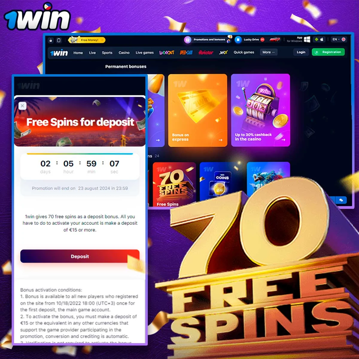 Information about 70 Free Spins 1win