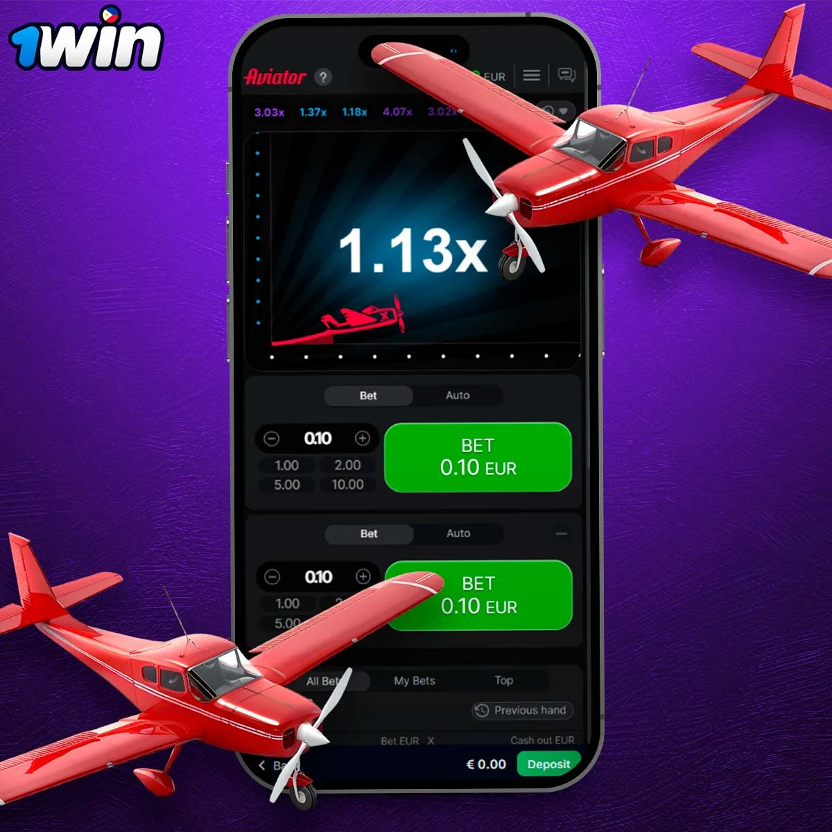 Aviator in the 1Win mobile app