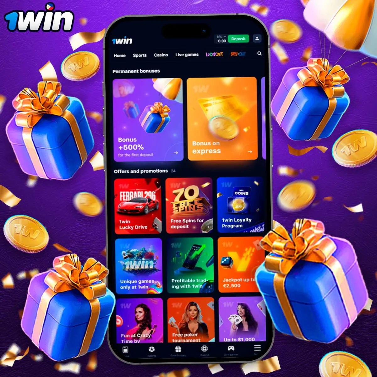 What bonuses and promotions are available on the 1Win Philippines app?